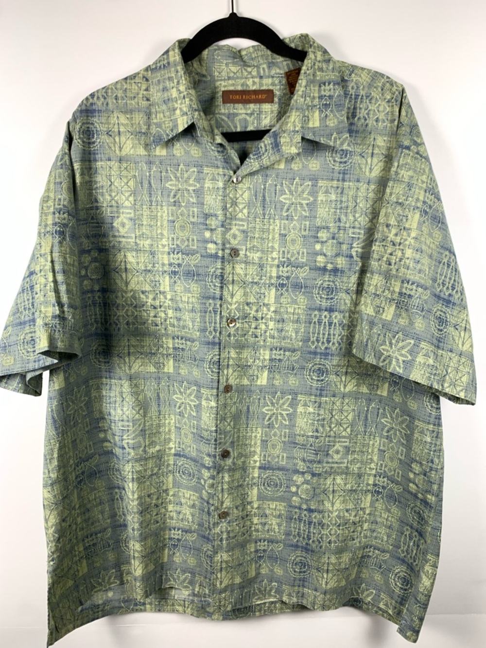 Tori Richard Mens XL Hawaiian Shirt Blue Green Tribal Geometric Cotton USA